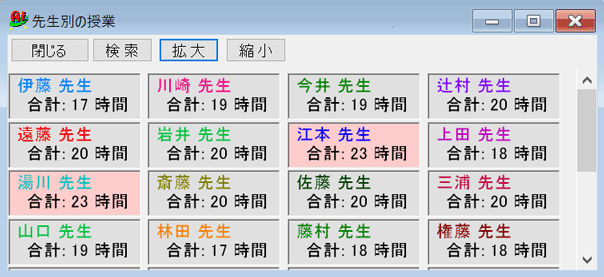 授業確認画面　先生一覧　先生単位に授業時数を表示