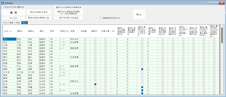 名称の簡単設定：先生の設定　直接入力指定画面